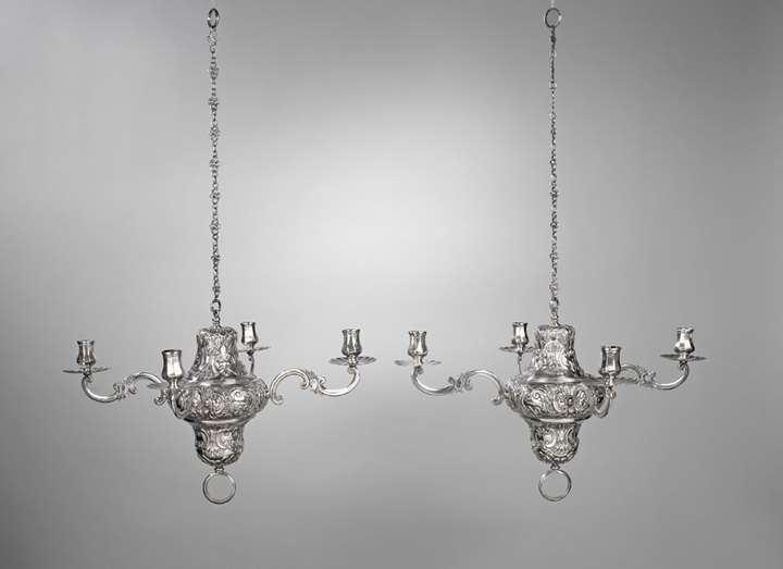 A Pair of Spanish Silver Four-Light Chandeliers